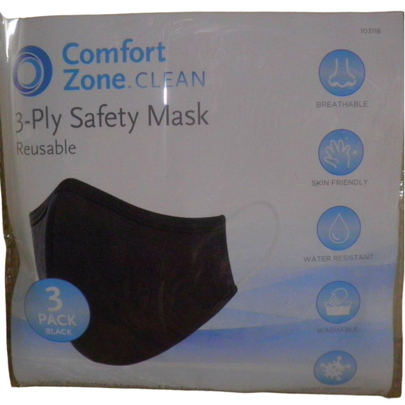 30-PK Reusable Fabric Mask, 10-PKS of 3, 3-Layer, Black, Washable 100% Polyester - Picture 3 of 3